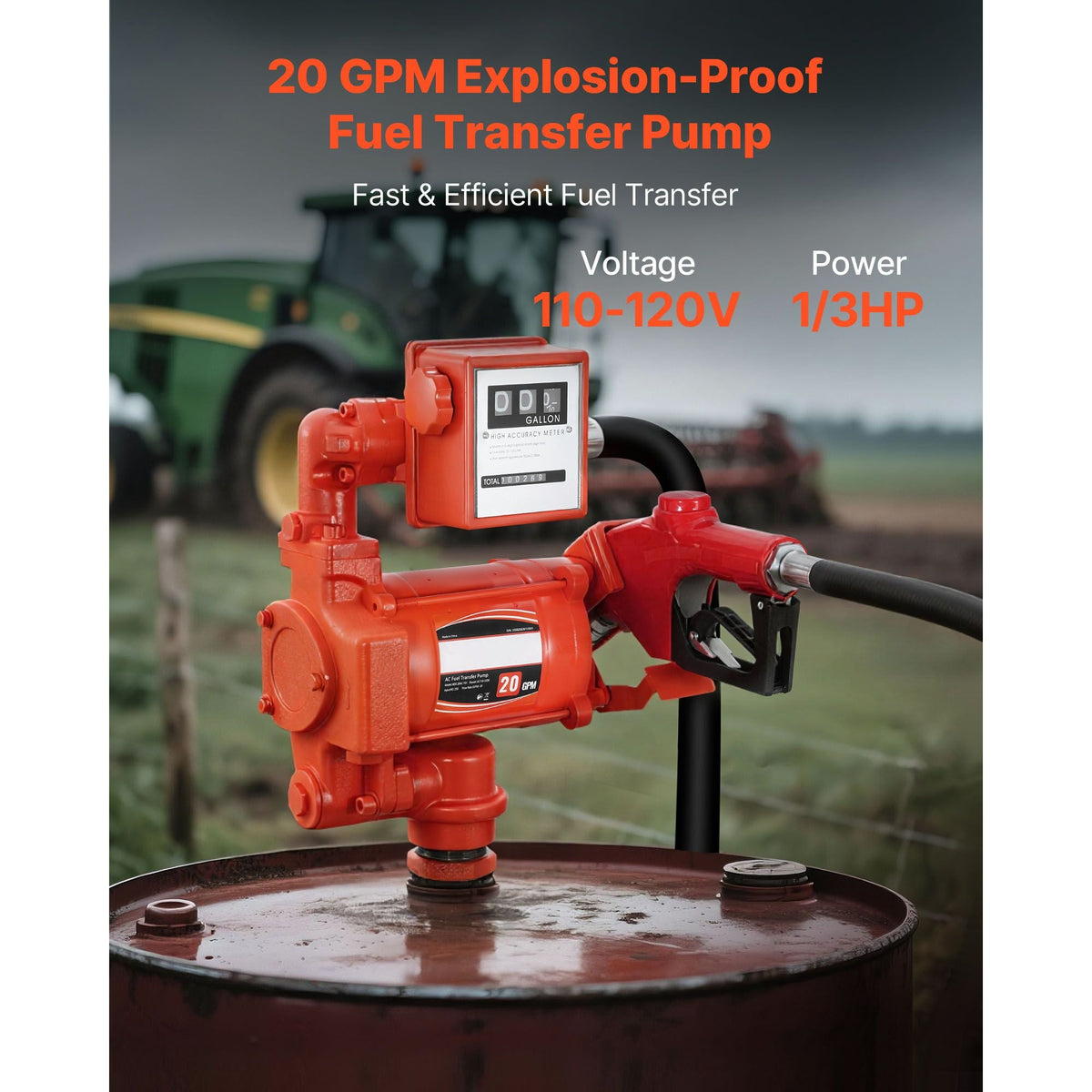 Fuel Transfer Pump 110V, 20 GPM 76 L/min, AC Electric Oil Transfer Pump, with Meter, Auto Shut-Off Fuel Nozzle & Discharge Hose, High Flow for Gasoline, Diesel, Kerosene, Biodiesel, Ethanol