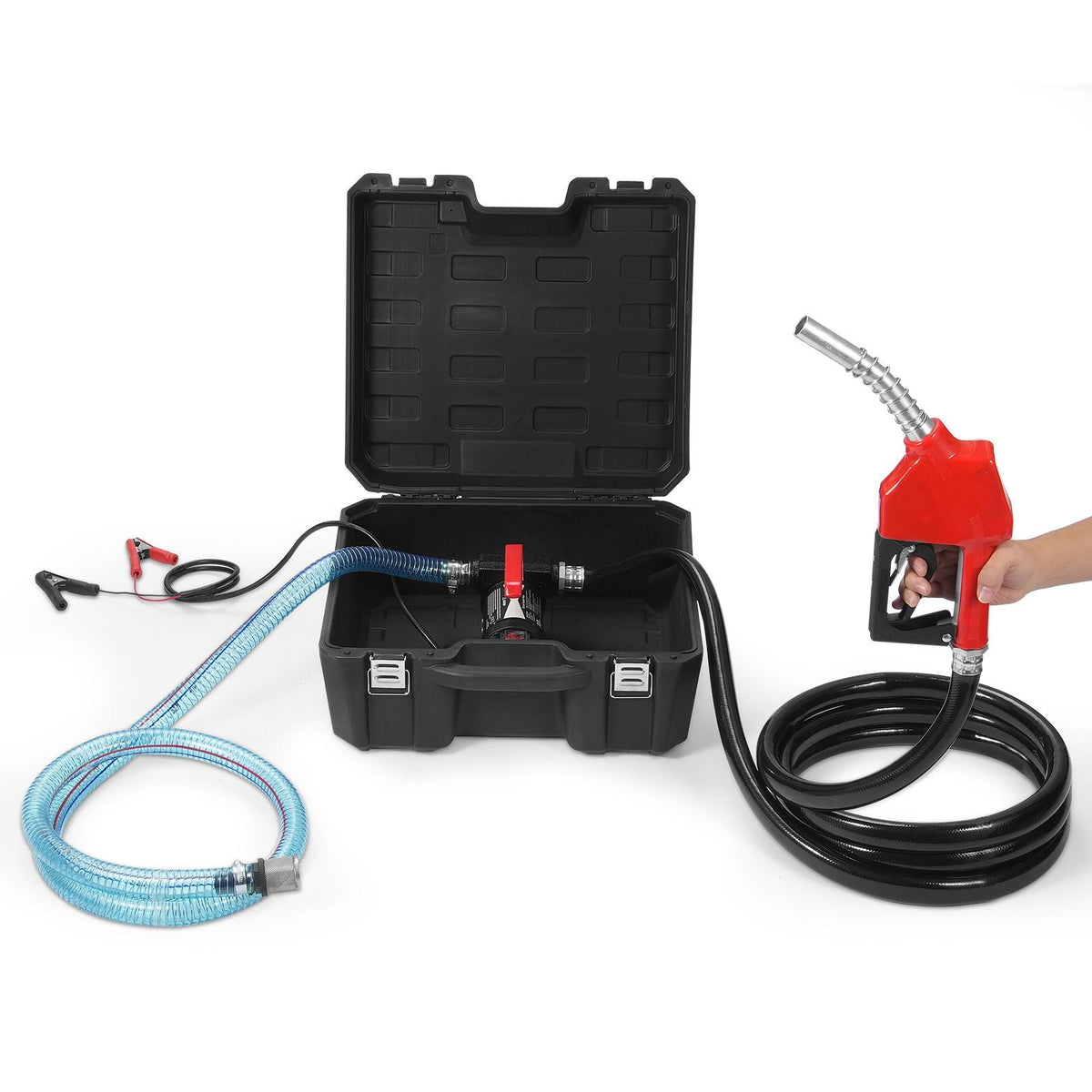 Fuel Transfer Pump, 12V DC 10 GPM 1/4 HP, Portable Electric Diesel Transfer Pump with Automatic Shut-Off Fuel Nozzle, High Flow, Long Inlet & Outlet Hose for Diesel, Kerosene, Transformer Fuel