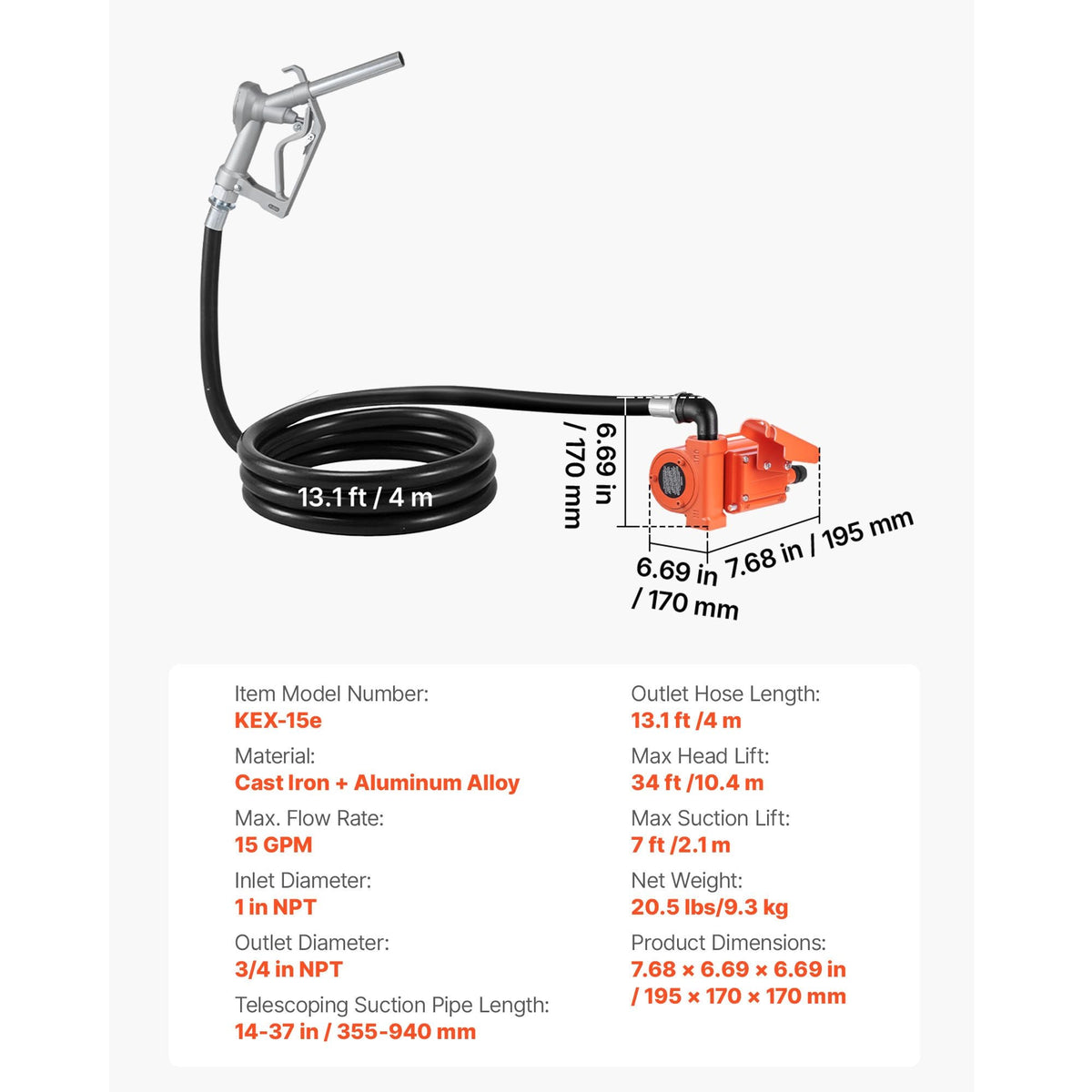 Fuel Transfer Pump, 12V DC 15 GPM, Cast Iron Diesel Transfer Pump Kit, with Manual Nozzle, Discharge Hose, Overheat Protection, Power Cable, Explosion-Proof, for Gasoline Diesel Kerosene & More