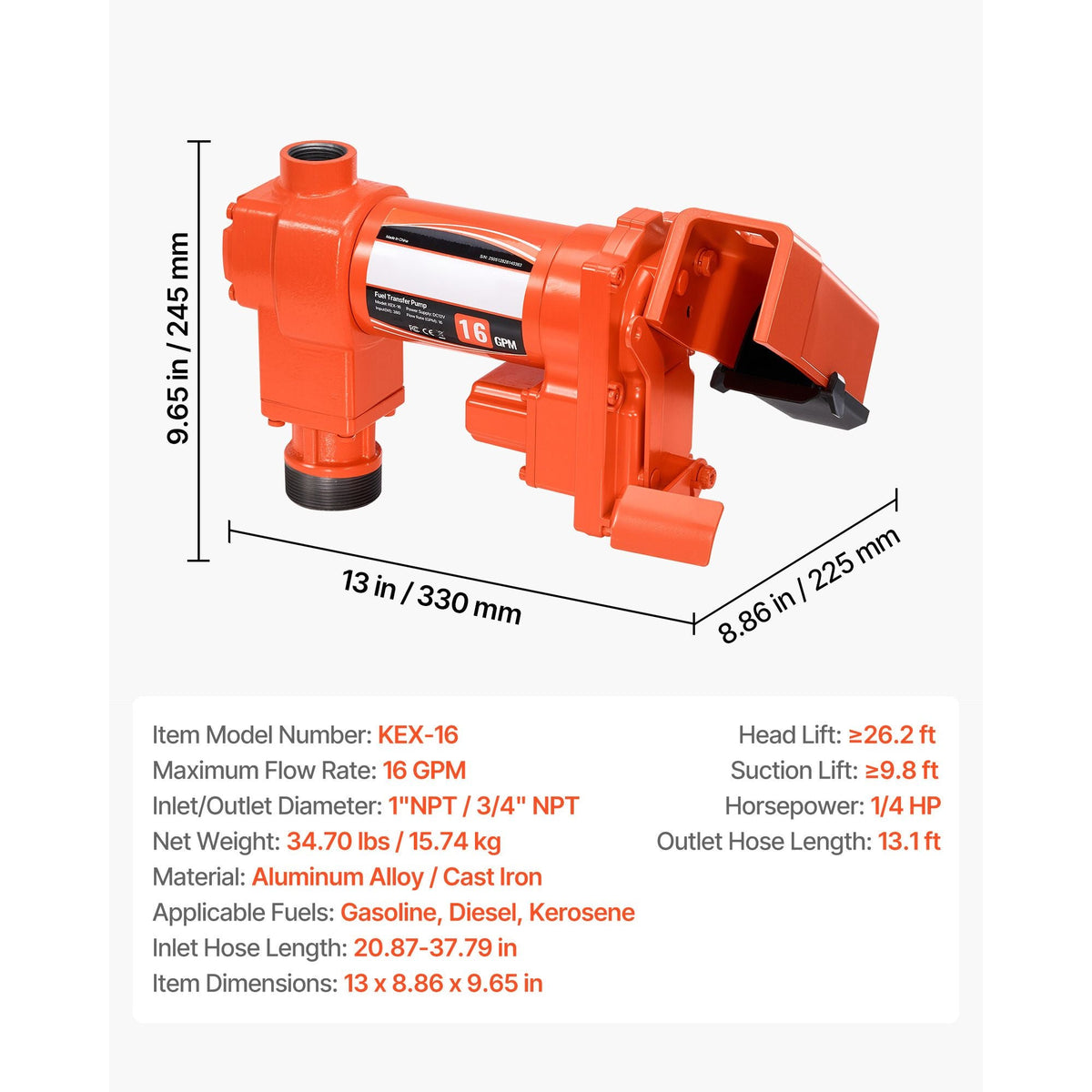 Fuel Transfer Pump, 12V DC 16 GPM 1/4 HP Diesel Pump, Extractor Pumps with Manual Nozzle, Discharge Hose and Suction Pipe, for Gasoline, Diesel, Kerosene, Ethanol-Methanol Blends & Biodiesel