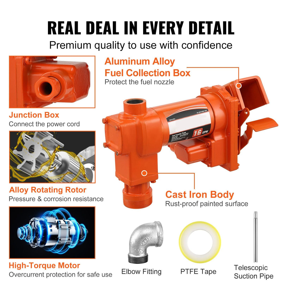 Fuel Transfer Pump, 12V DC 16 GPM 1/4 HP, Gasoline Extractor Pump with Automatic Nozzle, Discharge Hose & Suction Pipe for Gasoline, Diesel, Kerosene, Ethanol & Methanol Blends, and Biodiesel