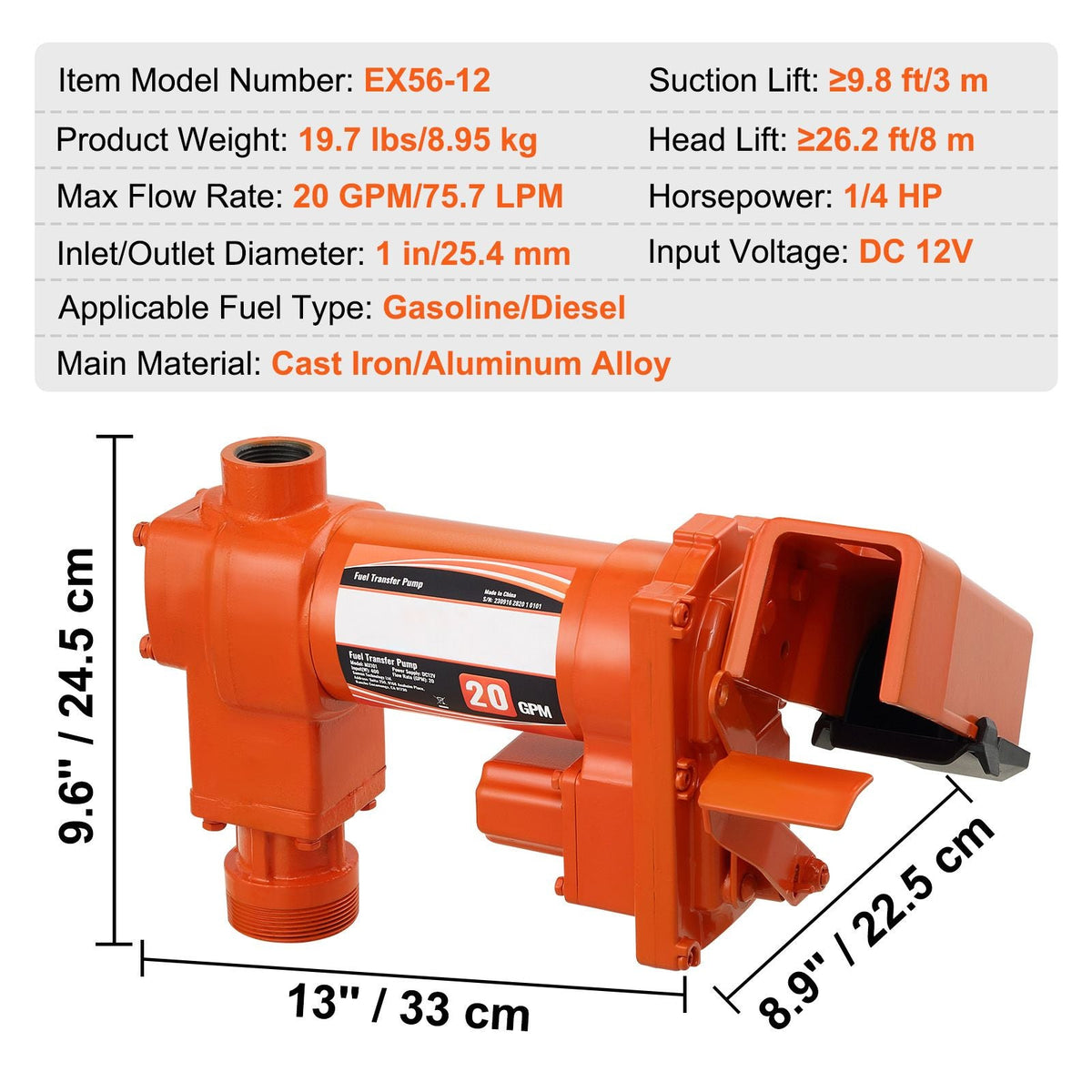 Fuel Transfer Pump, 12V DC 20 GPM 1/4 HP, High Flow Cast Iron Gasoline Extractor Pump with Fuel Collection Box Design for Gasoline, Diesel, Kerosene, Ethanol & Methanol Blends, and Biodiesel