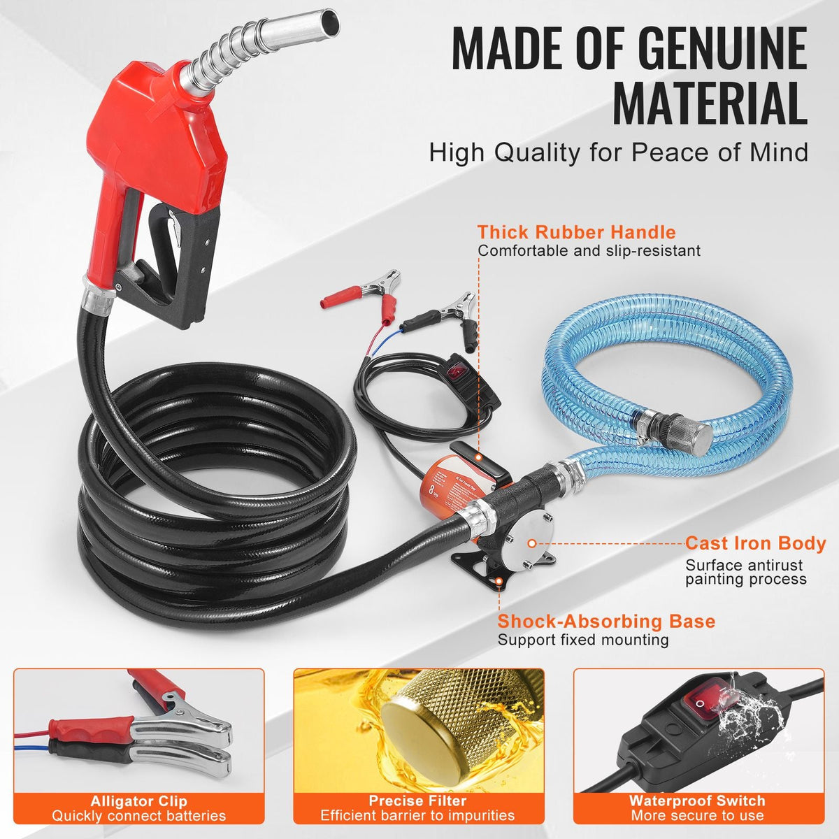 Fuel Transfer Pump, 12V DC 8 GPM 1/6 HP, Portable Electric Diesel Transfer Pump with Auto Shut-Off Fuel Nozzle, Long Inlet & Outlet Hose for Gasoline, Diesel, Kerosene, Methanol Blends