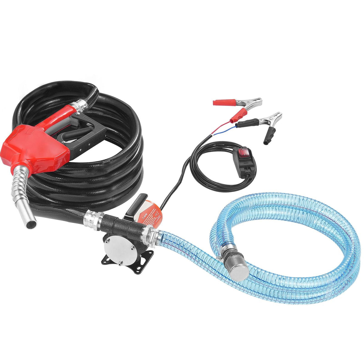 Fuel Transfer Pump, 12V DC 8 GPM 1/6 HP, Portable Electric Diesel Transfer Pump with Auto Shut-Off Fuel Nozzle, Long Inlet & Outlet Hose for Gasoline, Diesel, Kerosene, Methanol Blends