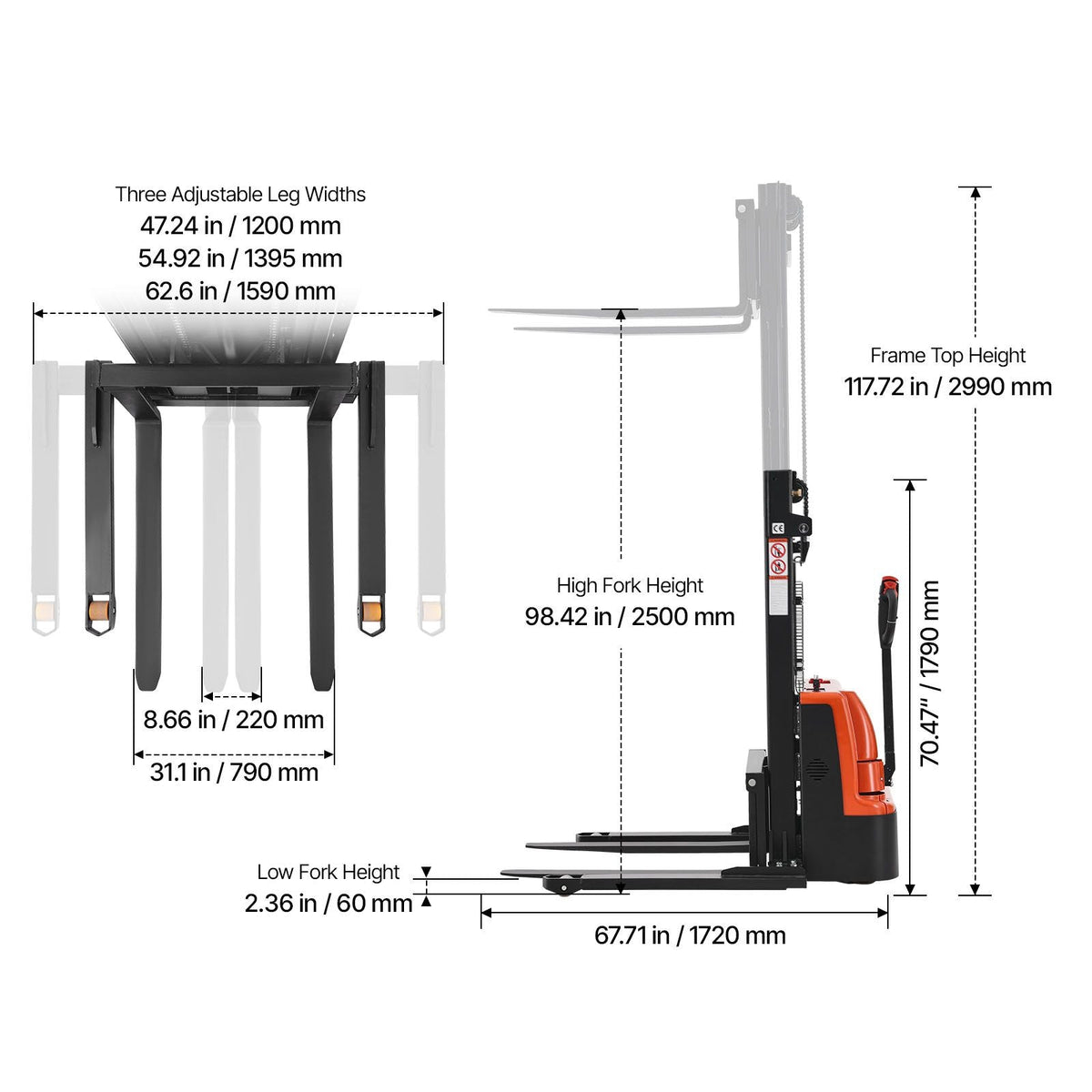 Full Electric Pallet Stacker, 3300 lbs Capacity, Pallet Lift Stacker Forklift with Straddle Legs & Forks, 96.06 Inches Lifting Height & 8.66-31.1 Inches Adjustable Fork Width, Orange & Black