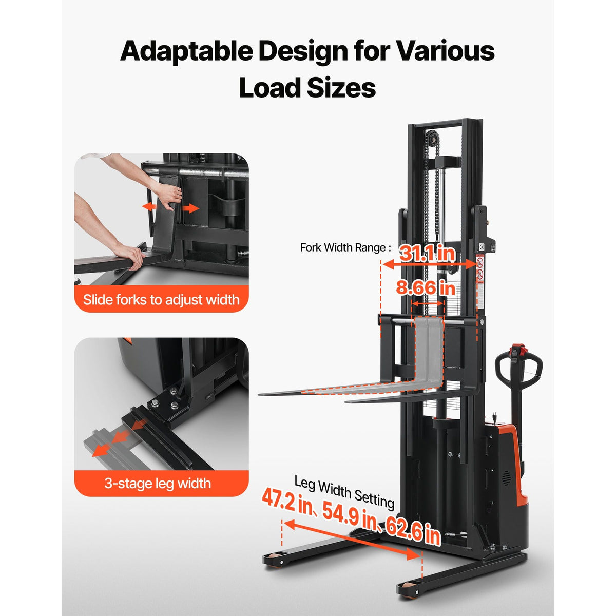 Full Electric Pallet Stacker, 3300 lbs Capacity, Pallet Lift Stacker Forklift with Straddle Legs & Forks, 96.06 Inches Lifting Height & 8.66-31.1 Inches Adjustable Fork Width, Orange & Black