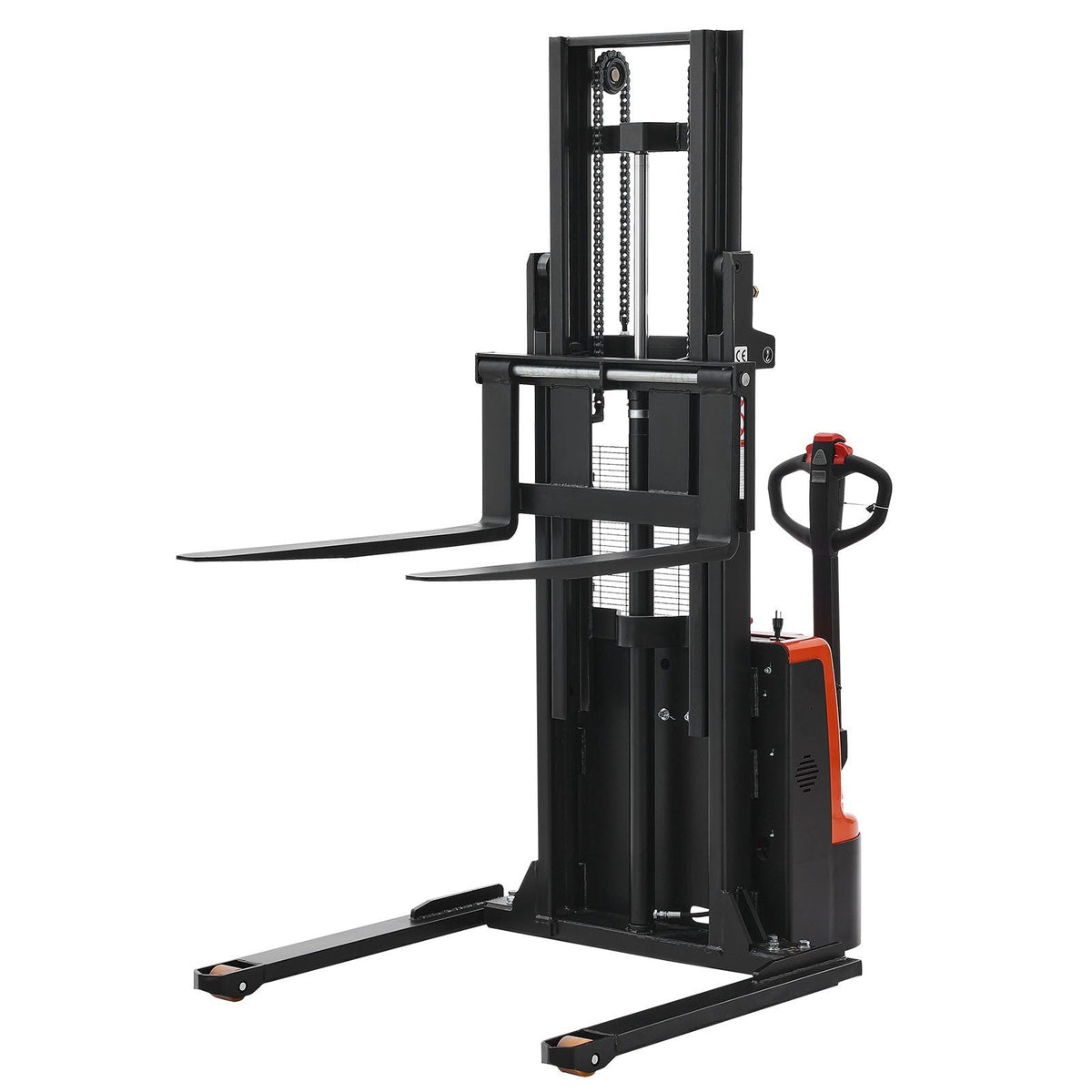 Full Electric Pallet Stacker, 3300 lbs Capacity, Pallet Lift Stacker Forklift with Straddle Legs & Forks, 96.06 Inches Lifting Height & 8.66-31.1 Inches Adjustable Fork Width, Orange & Black