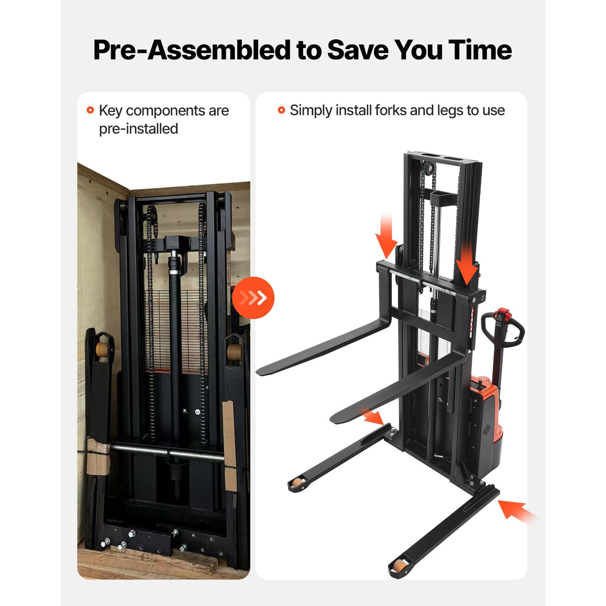 Full Electric Pallet Stacker, 3300 lbs Capacity, Pallet Lift Stacker Forklift with Straddle Legs & Forks, 96.06 Inches Lifting Height & 8.66-31.1 Inches Adjustable Fork Width, Orange & Black