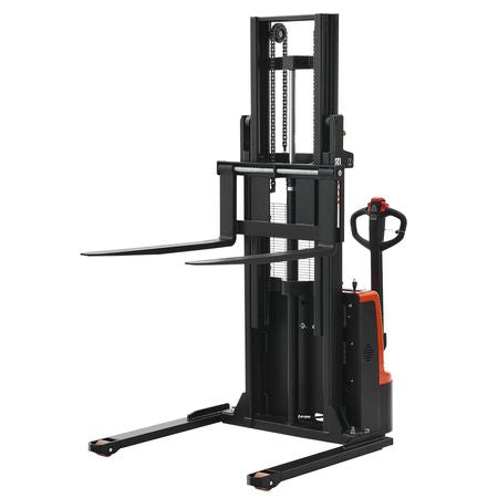 Full Electric Pallet Stacker, 3300 lbs Capacity, Pallet Lift Stacker Forklift with Straddle Legs & Forks, 96.06 Inches Lifting Height & 8.66-31.1 Inches Adjustable Fork Width, Orange & Black