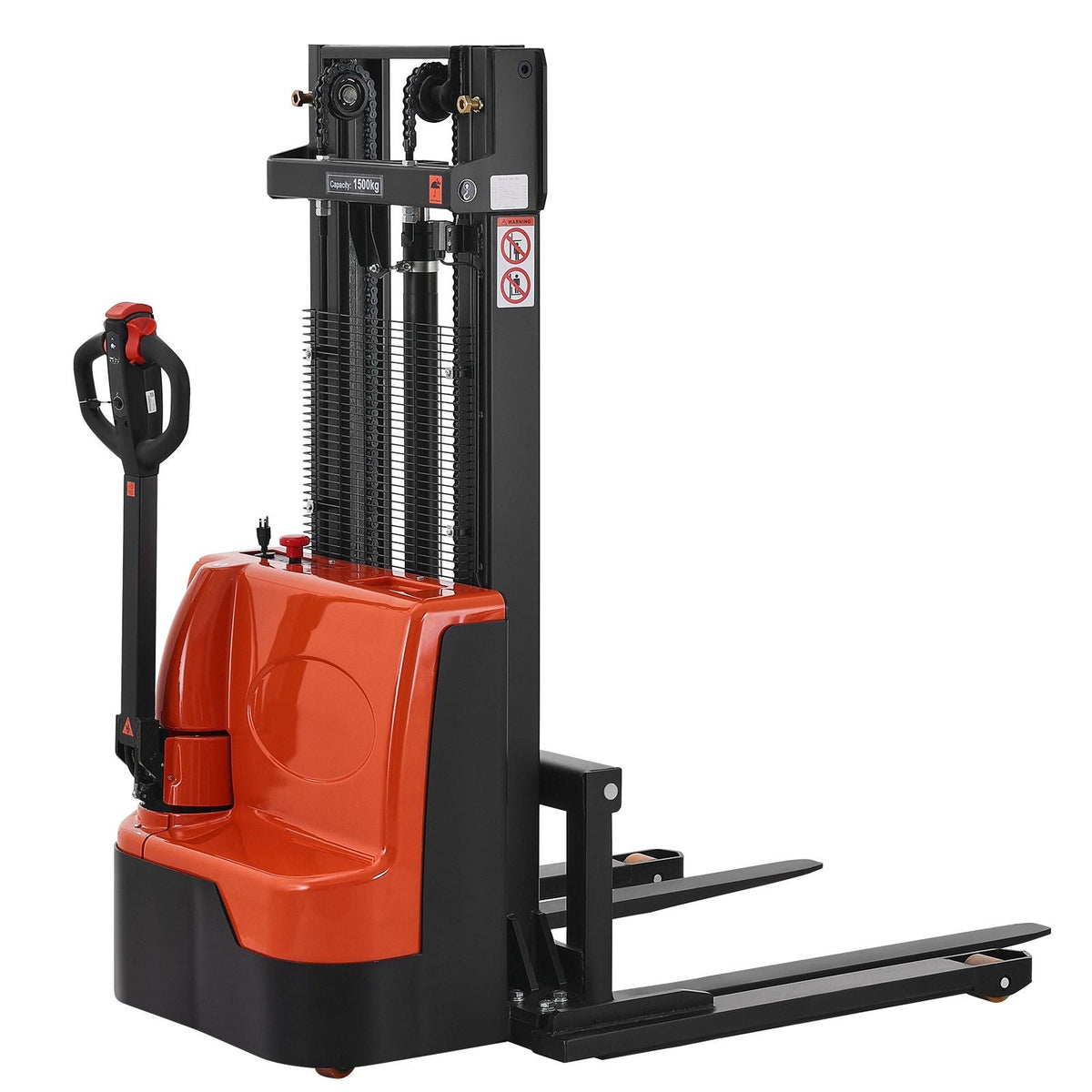 Full Electric Pallet Stacker, 3300 lbs Capacity, Pallet Lift Stacker Forklift with Straddle Legs & Forks, 96.06 Inches Lifting Height & 8.66-31.1 Inches Adjustable Fork Width, Orange & Black