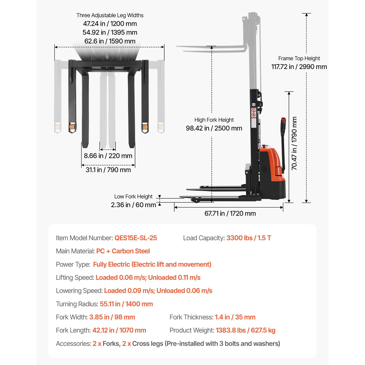 Full Electric Pallet Stacker, 3300 lbs Capacity, Pallet Lift Stacker Forklift with Straddle Legs & Forks, 96.06 Inches Lifting Height & 8.66-31.1 Inches Adjustable Fork Width, Orange & Black