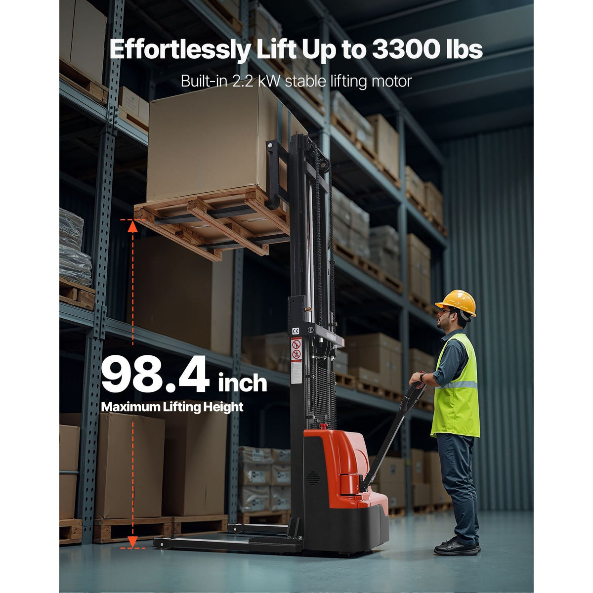Full Electric Pallet Stacker, 3300 lbs Capacity, Pallet Lift Stacker Forklift with Straddle Legs & Forks, 96.06 Inches Lifting Height & 8.66-31.1 Inches Adjustable Fork Width, Orange & Black