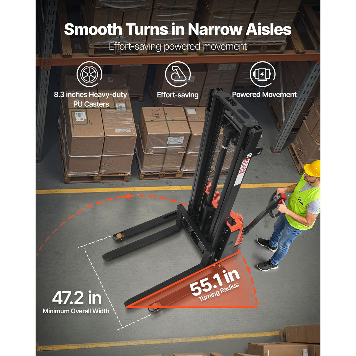 Full Electric Pallet Stacker, 3300 lbs Capacity, Pallet Lift Stacker Forklift with Straddle Legs & Forks, 96.06 Inches Lifting Height & 8.66-31.1 Inches Adjustable Fork Width, Orange & Black