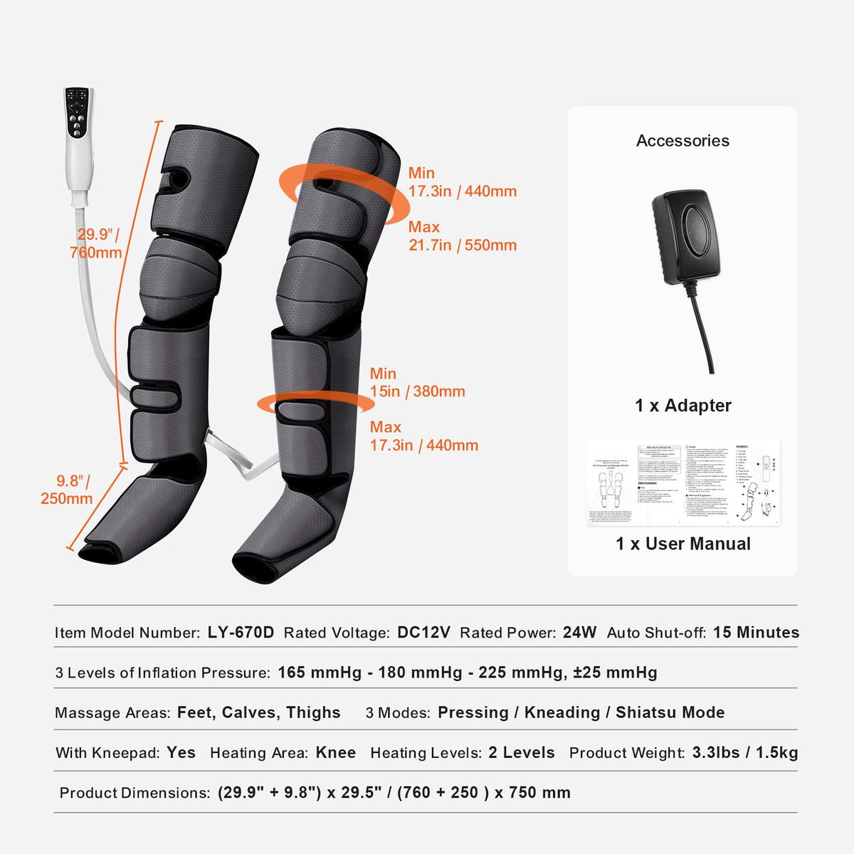 Full Leg Massager, Air Compression Leg Massager for Foot Calf Thigh Knee, 2 Knee Heating Levels, 3 Modes & 3 Intensities, Leg Compression Massage Boots for Circulation, Swelling and Pain Relief