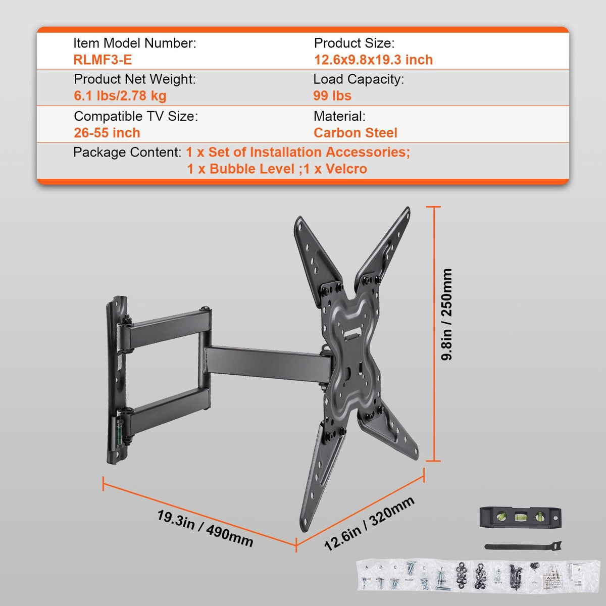 Full Motion TV Mount Fits for Most 26-55 inch TVs, Swivel Tilt Horizontal Adjustment TV Wall Mount Bracket with Articulating Arm, Max VESA 400x400mm , Holds up to 99 lbs