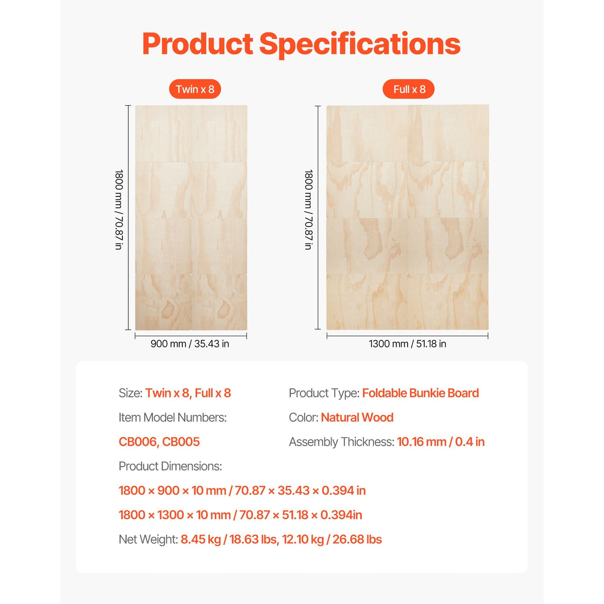 Full Size Bunkie Board, 0.4 in Foldable Bed Board Slats with Connection, Wooden Mattress Support for Full Size Bed, Support under Mattress Boards, Ready to Use, 8 Piece, Burlywood