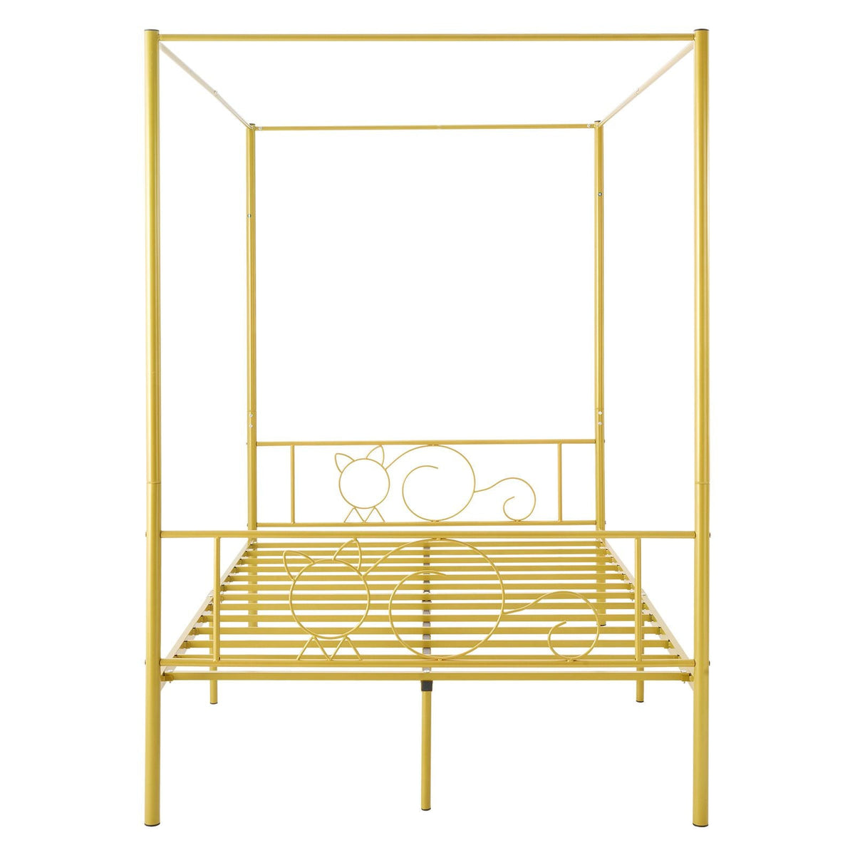 Full Size Canopy Bed Frame, Metal Canopy Bed with Minimalist Headboard & Four Posters Design, Heavy Duty Steel Slats Support, Underbed Storage Space, No Box Spring Needed, Easy Assembly, Gold