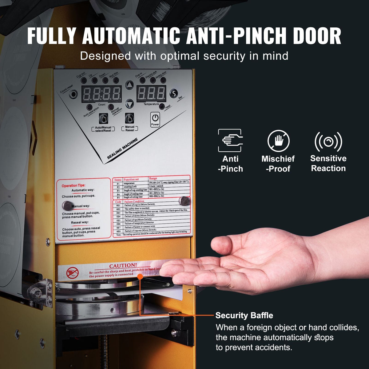 Fully Automatic Cup Sealing Machine, 500-650 Cups/H, Cup Sealer Machine for 180 mm Tall & 90/95 mm Cup, Electric Boba Tea Sealer with Digital Control LCD Panel for Bubble Milk Tea Coffee, Gold