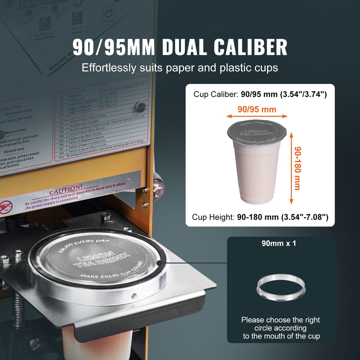 Fully Automatic Cup Sealing Machine, 500-650 Cups/H, Cup Sealer Machine for 180 mm Tall & 90/95 mm Cup, Electric Boba Tea Sealer with Digital Control LCD Panel for Bubble Milk Tea Coffee, Gold