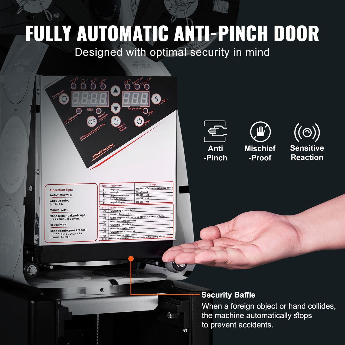 Fully Automatic Cup Sealing Machine, 500-650 Cups/H, Cup Sealer Machine for 190 mm Tall & 90/95 mm Cup, Electric Tea Sealer with Digital Control LCD Panel for Bubble Milk Tea Coffee, Black