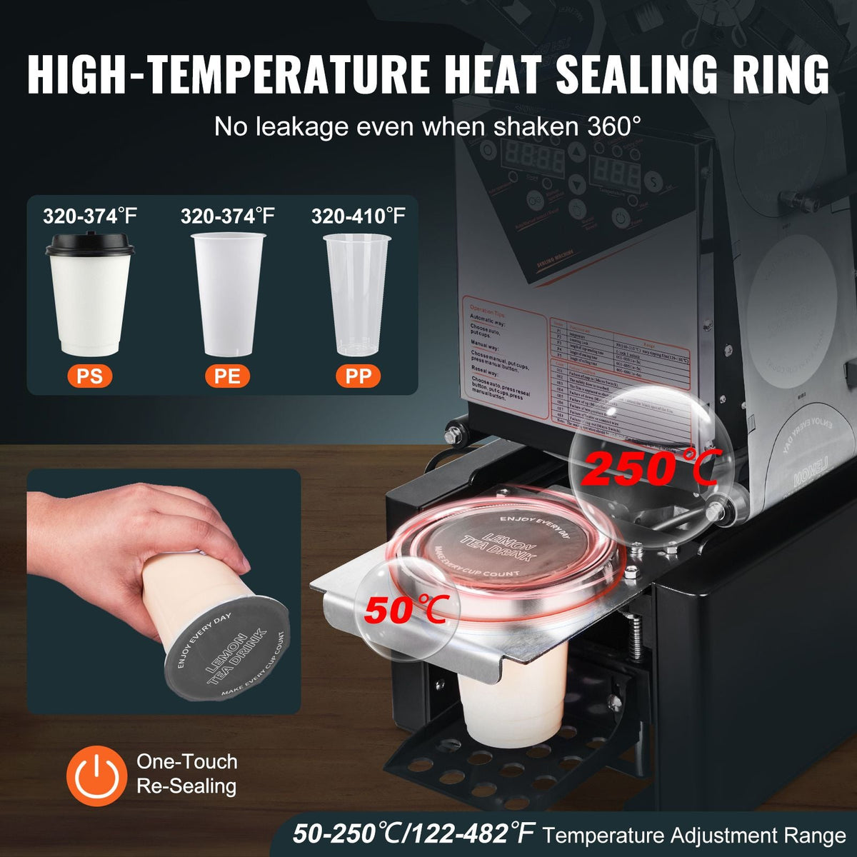 Fully Automatic Cup Sealing Machine, 500-650 Cups/H, Cup Sealer Machine for 190 mm Tall & 90/95 mm Cup, Electric Tea Sealer with Digital Control LCD Panel for Bubble Milk Tea Coffee, Black