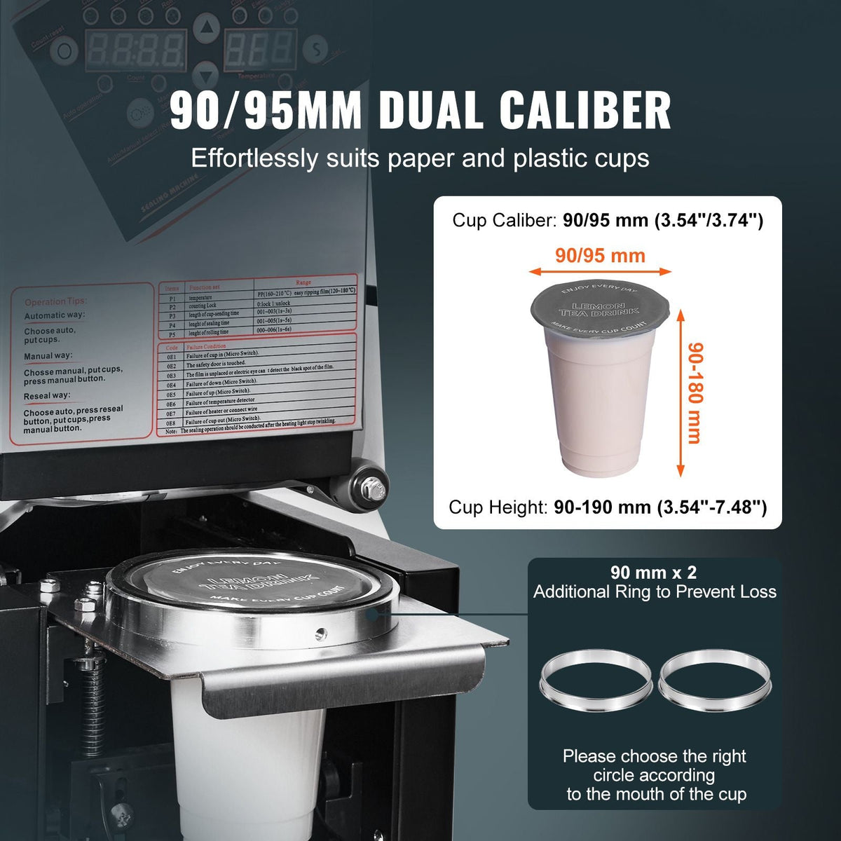 Fully Automatic Cup Sealing Machine, 500-650 Cups/H, Cup Sealer Machine for 190 mm Tall & 90/95 mm Cup, Electric Tea Sealer with Digital Control LCD Panel for Bubble Milk Tea Coffee, Black