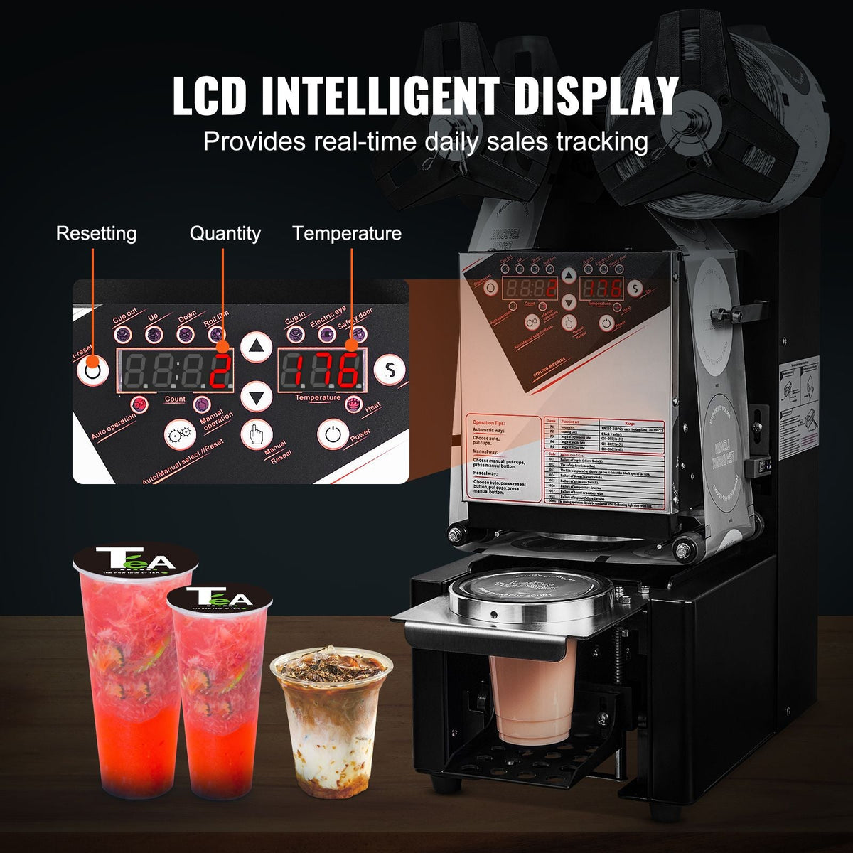 Fully Automatic Cup Sealing Machine, 500-650 Cups/H, Cup Sealer Machine for 190 mm Tall & 90/95 mm Cup, Electric Tea Sealer with Digital Control LCD Panel for Bubble Milk Tea Coffee, Black