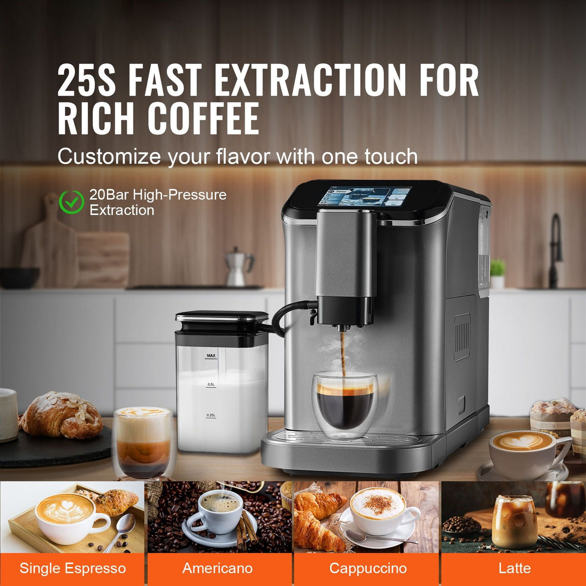 Fully Automatic Espresso Machine - with Automatic Milk Frother, 20 Bar Super-Automatic Cappuccino Latte Machine with TFT Touch Screen, Grinder, 15 Grinding Levels, and Removable Milk Reservoir