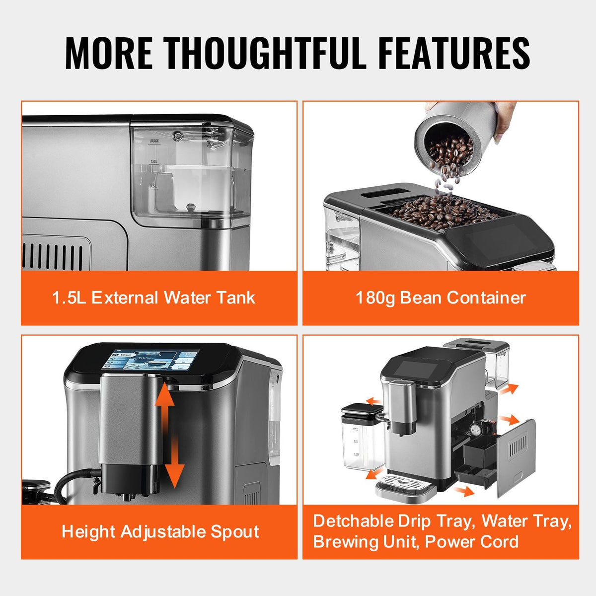 Fully Automatic Espresso Machine - with Automatic Milk Frother, 20 Bar Super-Automatic Cappuccino Latte Machine with TFT Touch Screen, Grinder, 15 Grinding Levels, and Removable Milk Reservoir