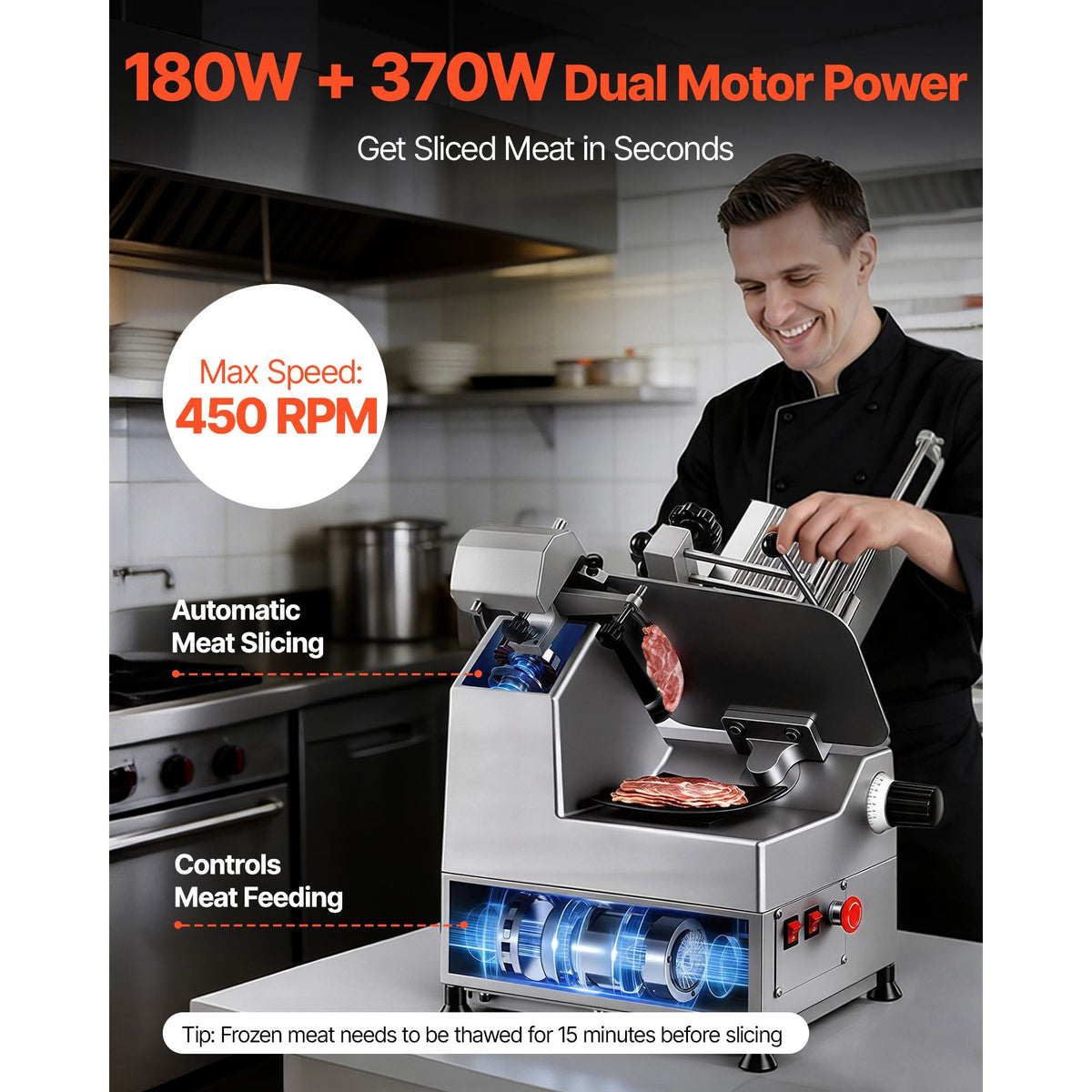 Fully Automatic Meat Slicer, 180W + 370W Commercial Food-Slicer with 10" Carbon Steel Blade, Built-In Sharpener & 0-0.3" Adjustable Thickness for Frozen Meat, Ham, Baguett, Steak