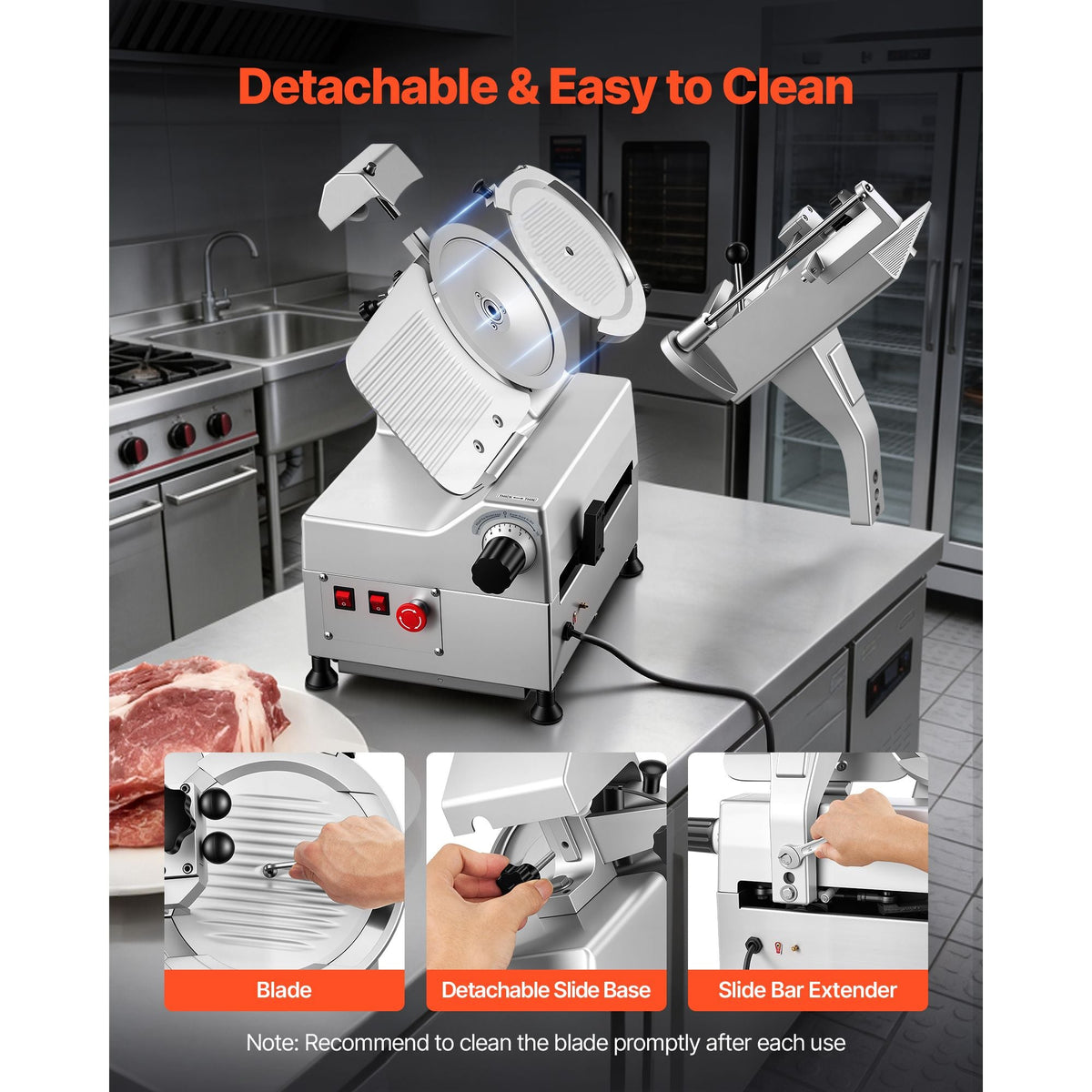 Fully Automatic Meat Slicer, 180W + 370W Commercial Food-Slicer with 10" Carbon Steel Blade, Built-In Sharpener & 0-0.3" Adjustable Thickness for Frozen Meat, Ham, Baguett, Steak