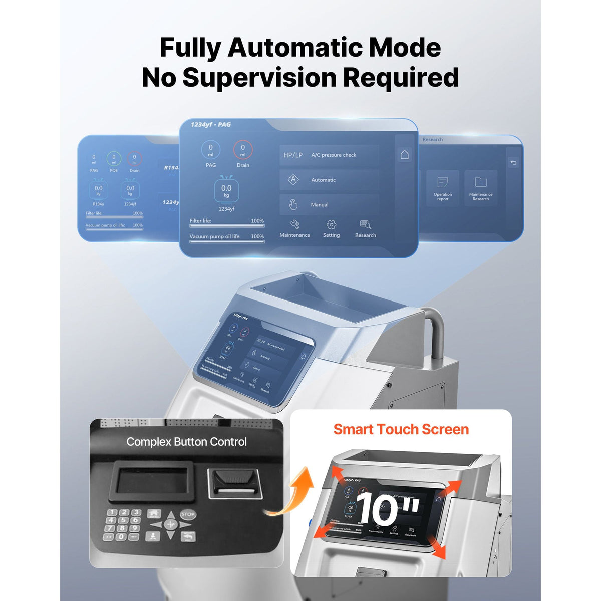 Fully Automatic Refrigerant Recovery Machine for R134a & 1234fy, ≥98.5% Accuracy, 10-Inch Touch Screen, AC Recovery, Vacuum, and Recharging for Standard and High Voltage Automotive A/C Systems