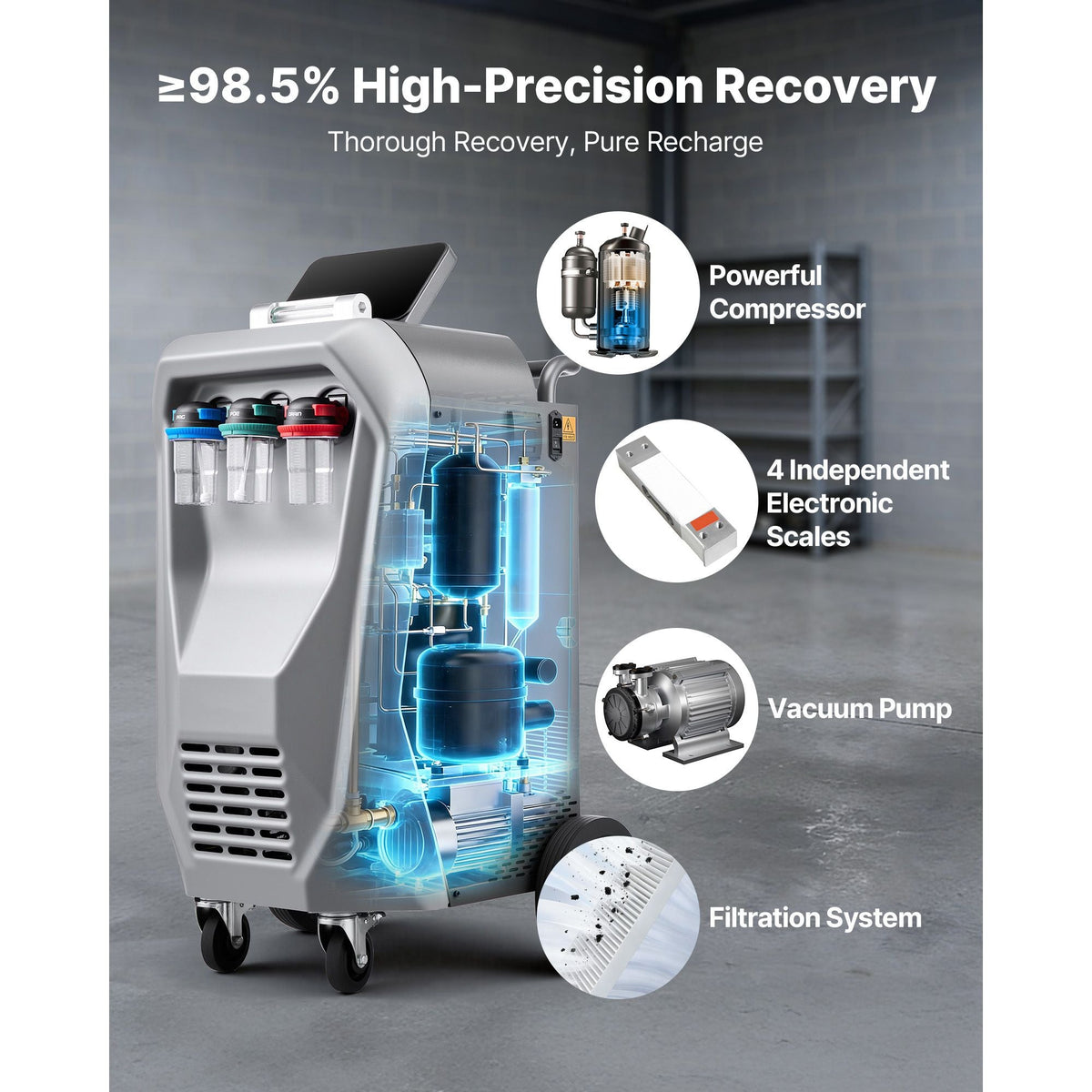Fully Automatic Refrigerant Recovery Machine for R134a, ≥98.5% Accuracy, 10.1-Inch Touch Screen, AC Recovery, Vacuum, Recharging and Flushing for Standard & High Voltage Automotive A/C Systems