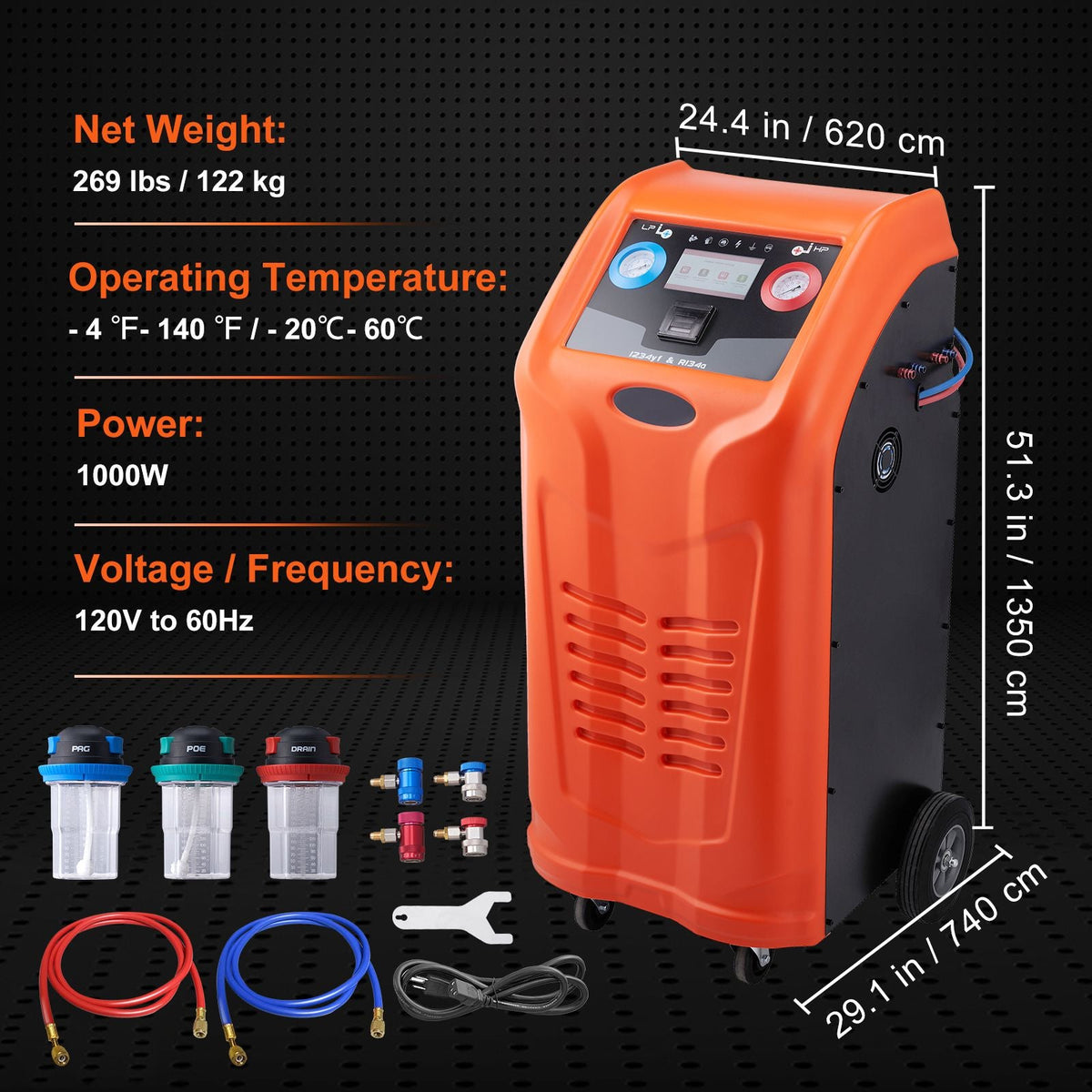 Fully Automatic Refrigerant Recovery Machine for R134A+R1234YF - AC Recovery Machine Kit Built in Electronic Scale/Compressor/Recovery Tank, Recovery Machine HVAC Dual Cylinder