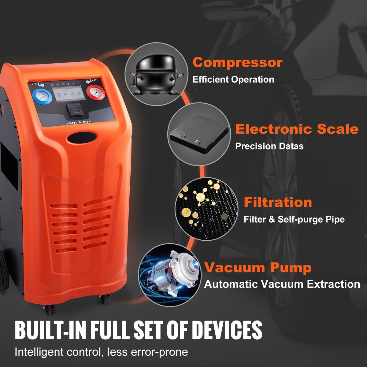 Fully Automatic Refrigerant Recovery Machine for R134A+R1234YF - AC Recovery Machine Kit Built in Electronic Scale/Compressor/Recovery Tank, Recovery Machine HVAC Dual Cylinder