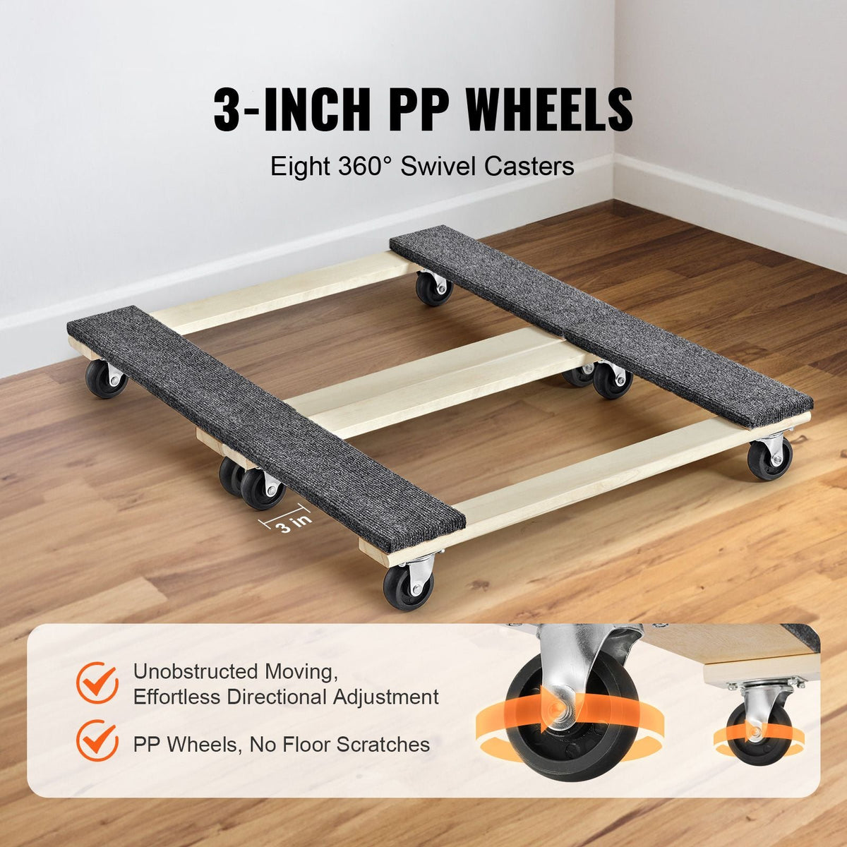 Furniture Dolly, 1000 lbs Each Load Capacity, 2 Packs, 18" x 30", 8 x 3" PP Swivel Casters, Heavy Duty Hardwood Furniture Moving Dolly, Mover's Dolly, Moving Cart with Wheels for Heavy Furniture
