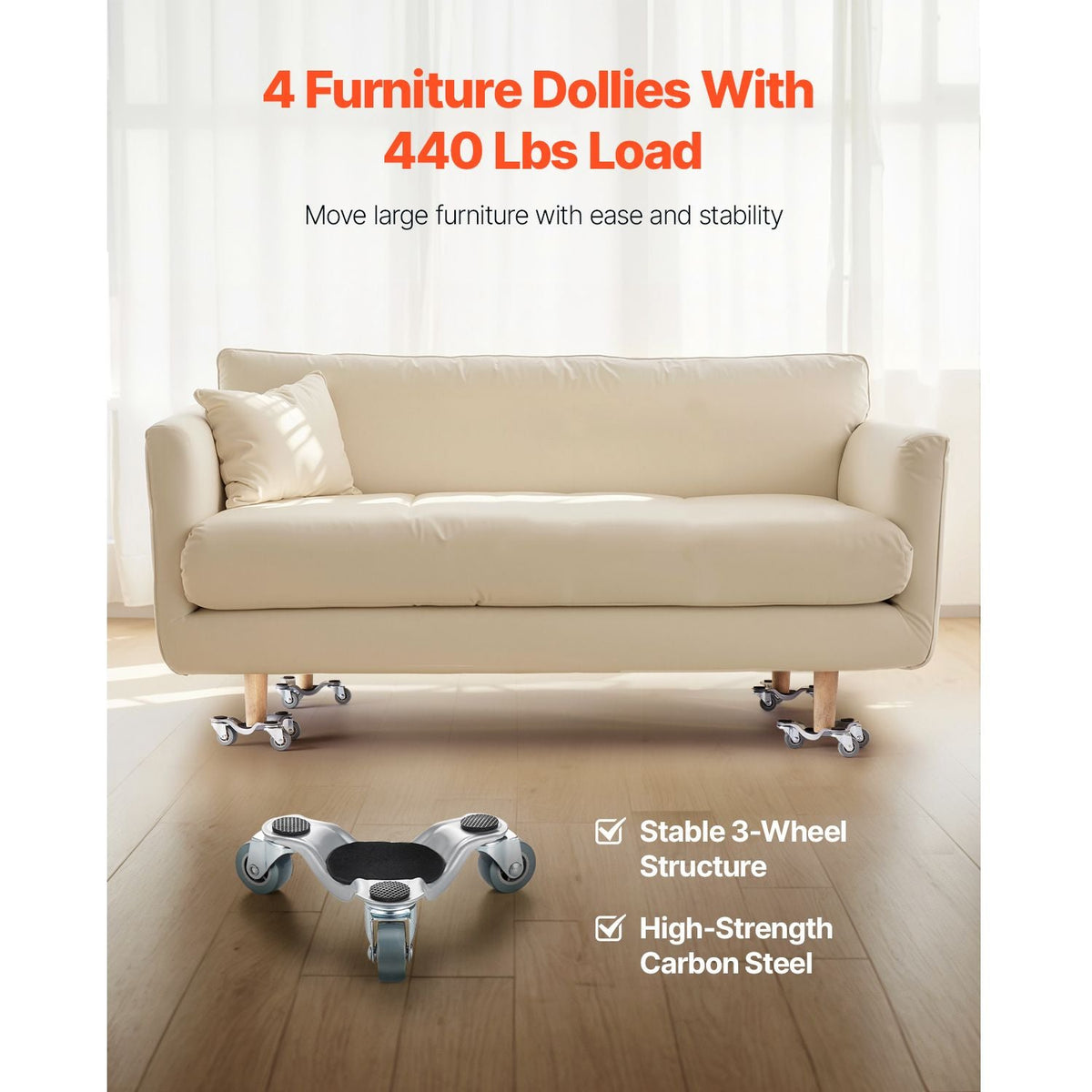Furniture Dolly, 440 lbs Load Capacity, 3 Wheel Steel 6.3" Tri-dolly Heavy Duty Mover with Triangle Swivel Caster, Carbon Steel Panel, Furniture Lift Mover Tool Set for Appliances, Sofa, Fridge