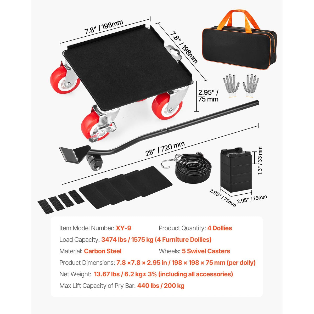 Furniture Dolly, Maximum Load 3474 lbs, Heavy Duty Furniture Movers with 5 360° Rotation Wheels, Carbon Steel Panel, Furniture Lift Slider Tool Set for Appliances, Sofa, Fridge, Washing Machine