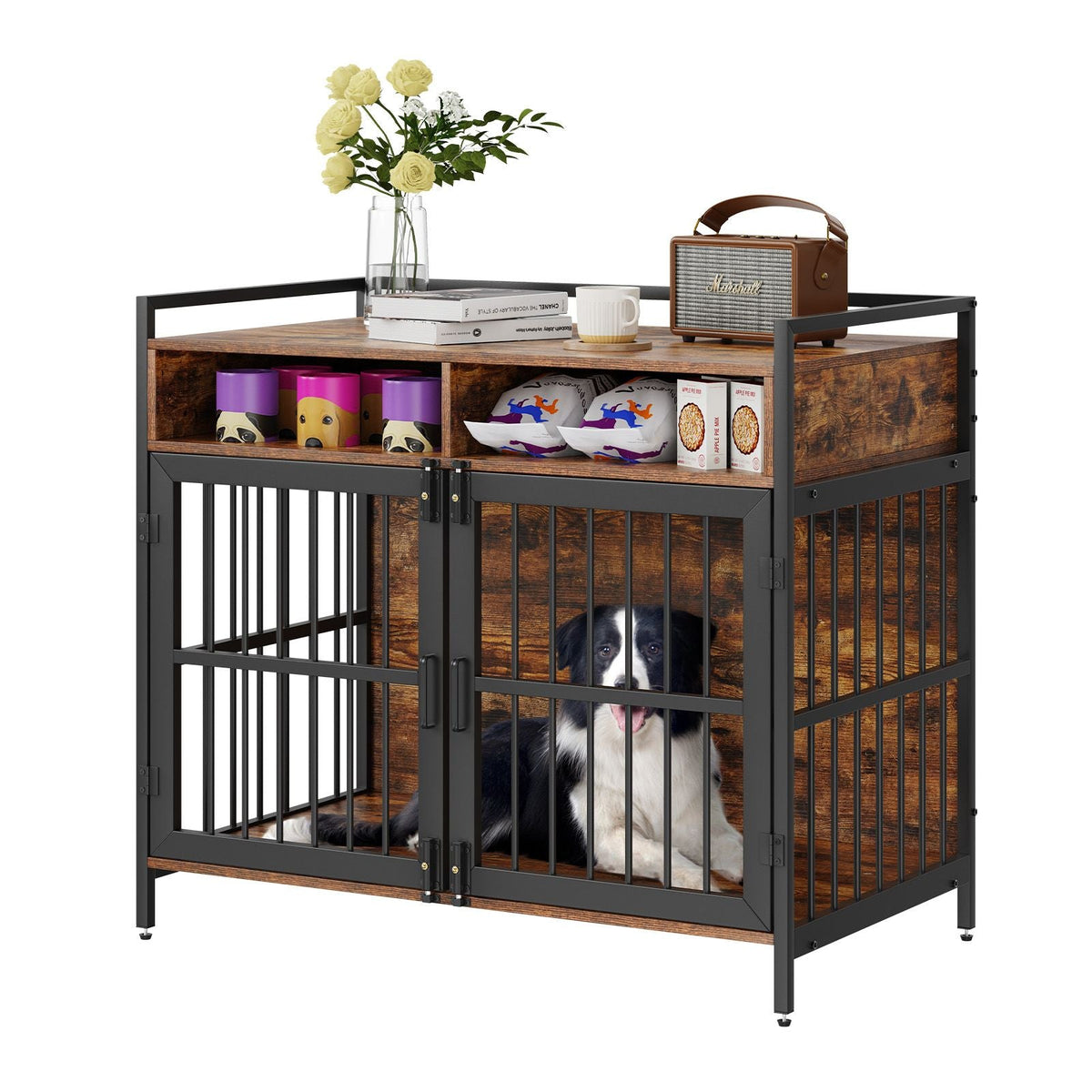 Furniture Style Dog Crate with Storage, 41 inch Dog Crate Furniture Large Breed with Double Doors, Wooden Dog Cage for Large/Medium Dog Indoor, Hold up to 70 lbs, Rustic Brown