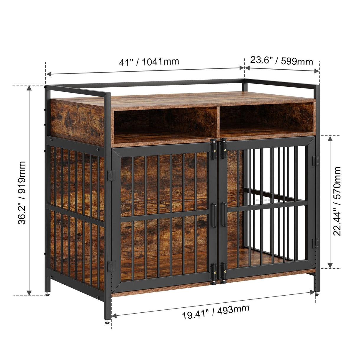 Furniture Style Dog Crate with Storage, 41 inch Dog Crate Furniture Large Breed with Double Doors, Wooden Dog Cage for Large/Medium Dog Indoor, Hold up to 70 lbs, Rustic Brown