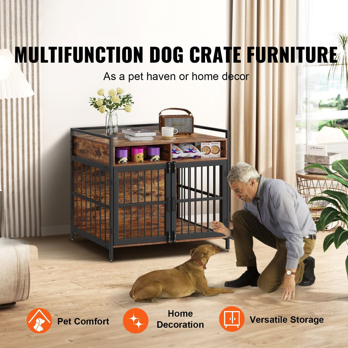 Furniture Style Dog Crate with Storage, 41 inch Dog Crate Furniture Large Breed with Double Doors, Wooden Dog Cage for Large/Medium Dog Indoor, Hold up to 70 lbs, Rustic Brown