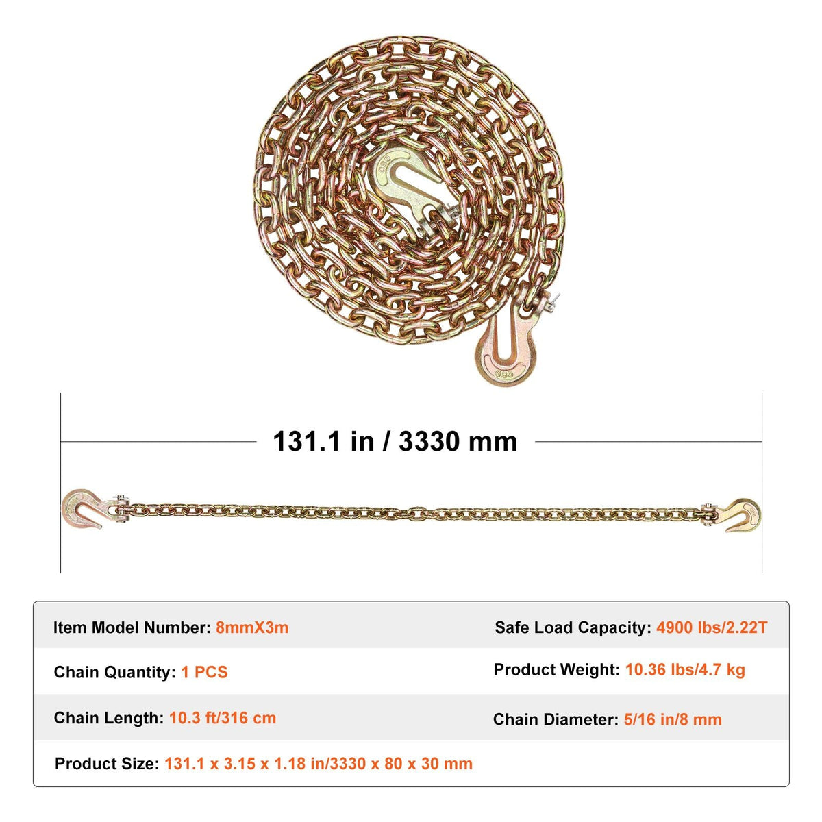G80 Transport Binder Chain, 5/16" x 10.3' Tow Chain with Clevis Grab Hooks, 4900 lbs Safe Working Load, Heavy Duty Trailer Logging Chain for Transporting Towing Truck Tie Down Binding Equipment