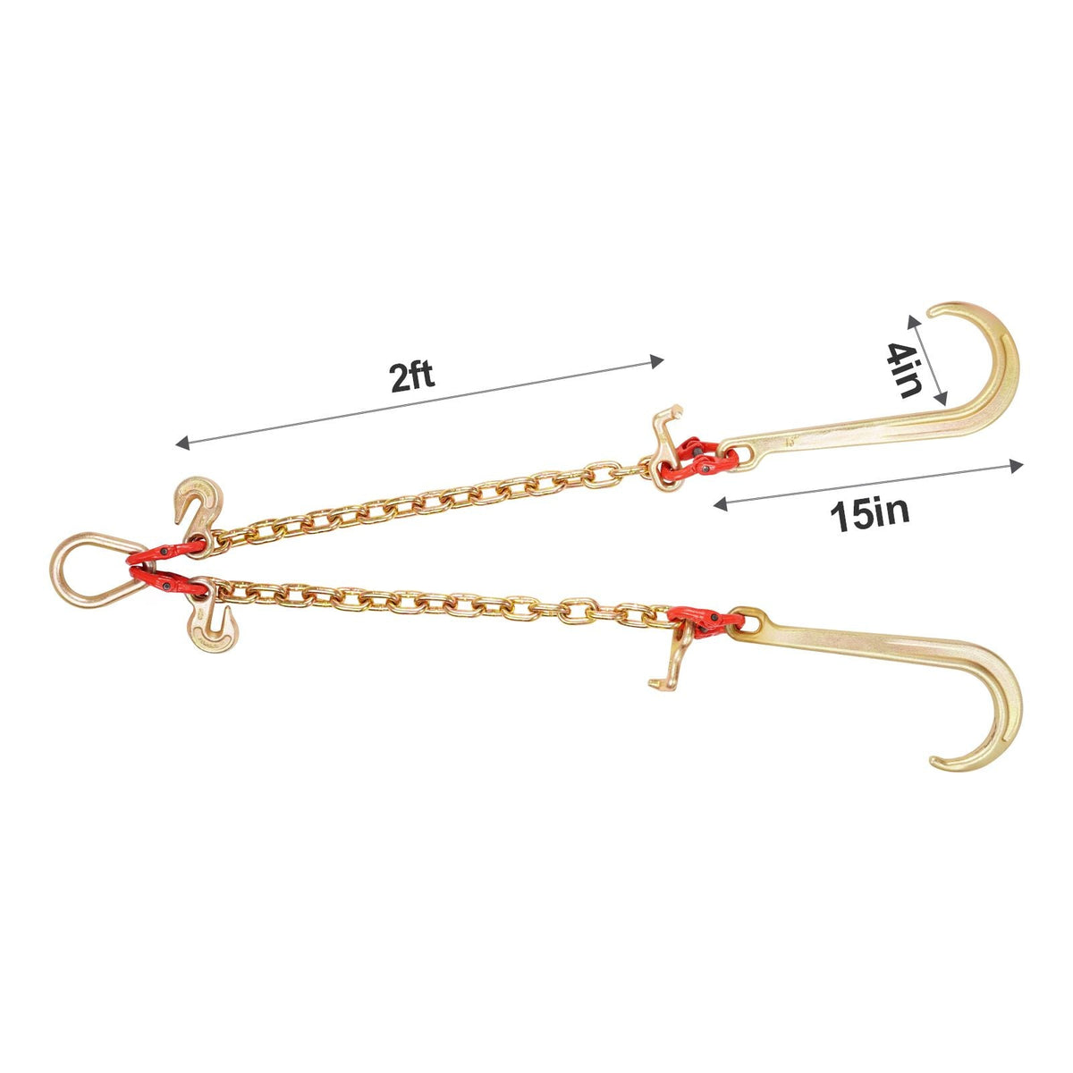 G80 V Bridle Chain, 3/8" x 2' Towing Chain Bridle with 15" J Hooks, T Hooks & Grab Hooks, Heavy Duty Transport Tow Chain Bridle with 7800 lbs Safe Working Load for Flatbed Truck Wrecker Recovery