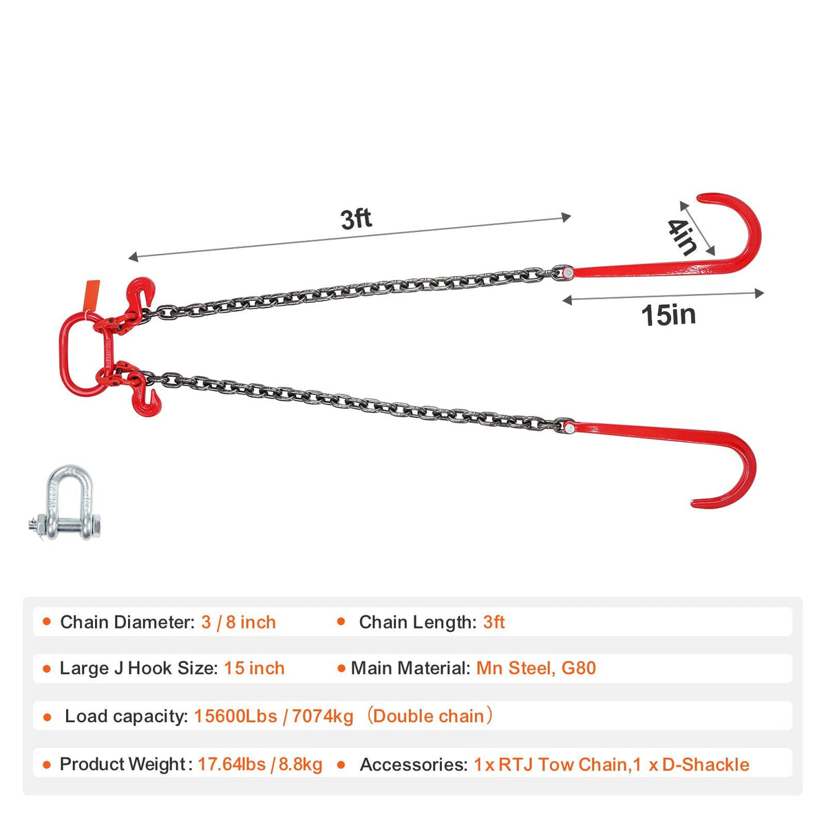 G80 V Bridle Chain, 3/8" x 3' Towing Chain Bridle with 15" J Hooks and Grab Hooks, Heavy Duty Transport Tow Chain Bridle with 7800 lbs Safe Working Load for Flatbed Trailer Wrecker Recovery