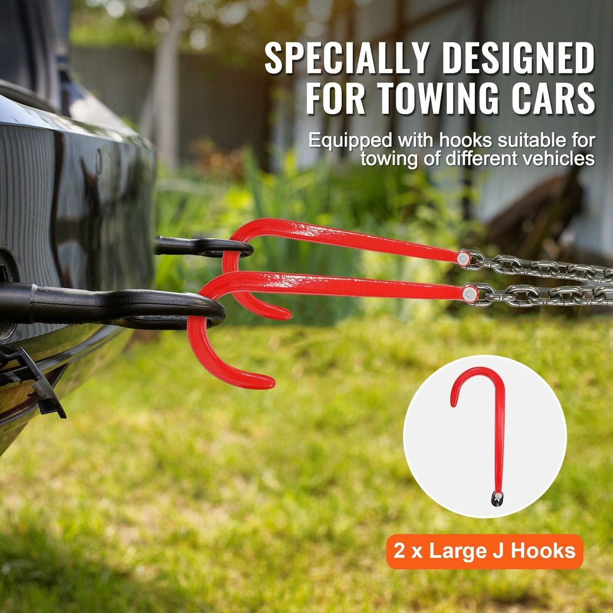 G80 V Bridle Chain, 3/8" x 3' Towing Chain Bridle with 15" J Hooks and Grab Hooks, Heavy Duty Transport Tow Chain Bridle with 7800 lbs Safe Working Load for Flatbed Trailer Wrecker Recovery