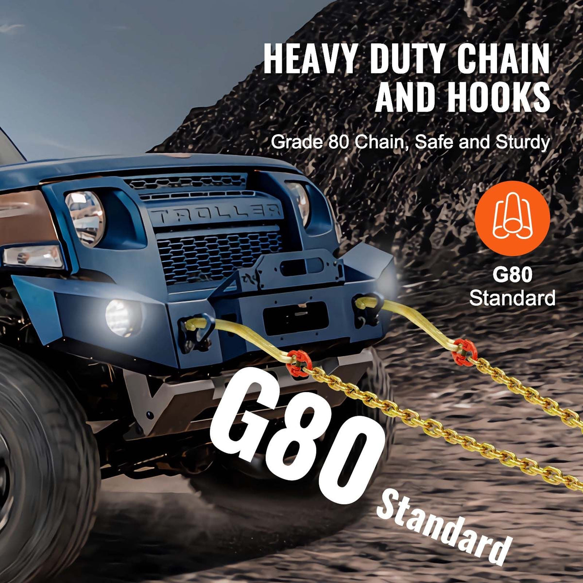 G80 V Bridle Chain, 5/16" x 2' Towing Chain Bridle with 15" J Hooks and Grab Hooks, Heavy Duty Transport Tow Chain Bridle with 10800 lbs Safe Working Load for Flatbed Truck Wrecker Recovery