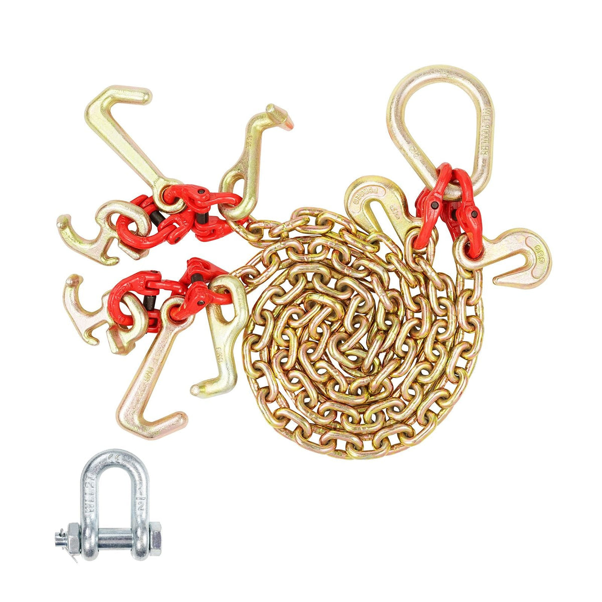 G80 V Bridle Chain, 5/16" x 3' Towing Chain Bridle with R Hooks, T Hooks, J Hooks and Grab Hooks, Transport Tow Chain Bridle with 10800 lbs Safe Working Load for Flatbed Truck Wrecker Recovery