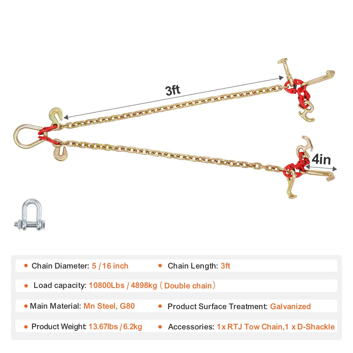 G80 V Bridle Chain, 5/16" x 3' Towing Chain Bridle with R Hooks, T Hooks, J Hooks and Grab Hooks, Transport Tow Chain Bridle with 10800 lbs Safe Working Load for Flatbed Truck Wrecker Recovery