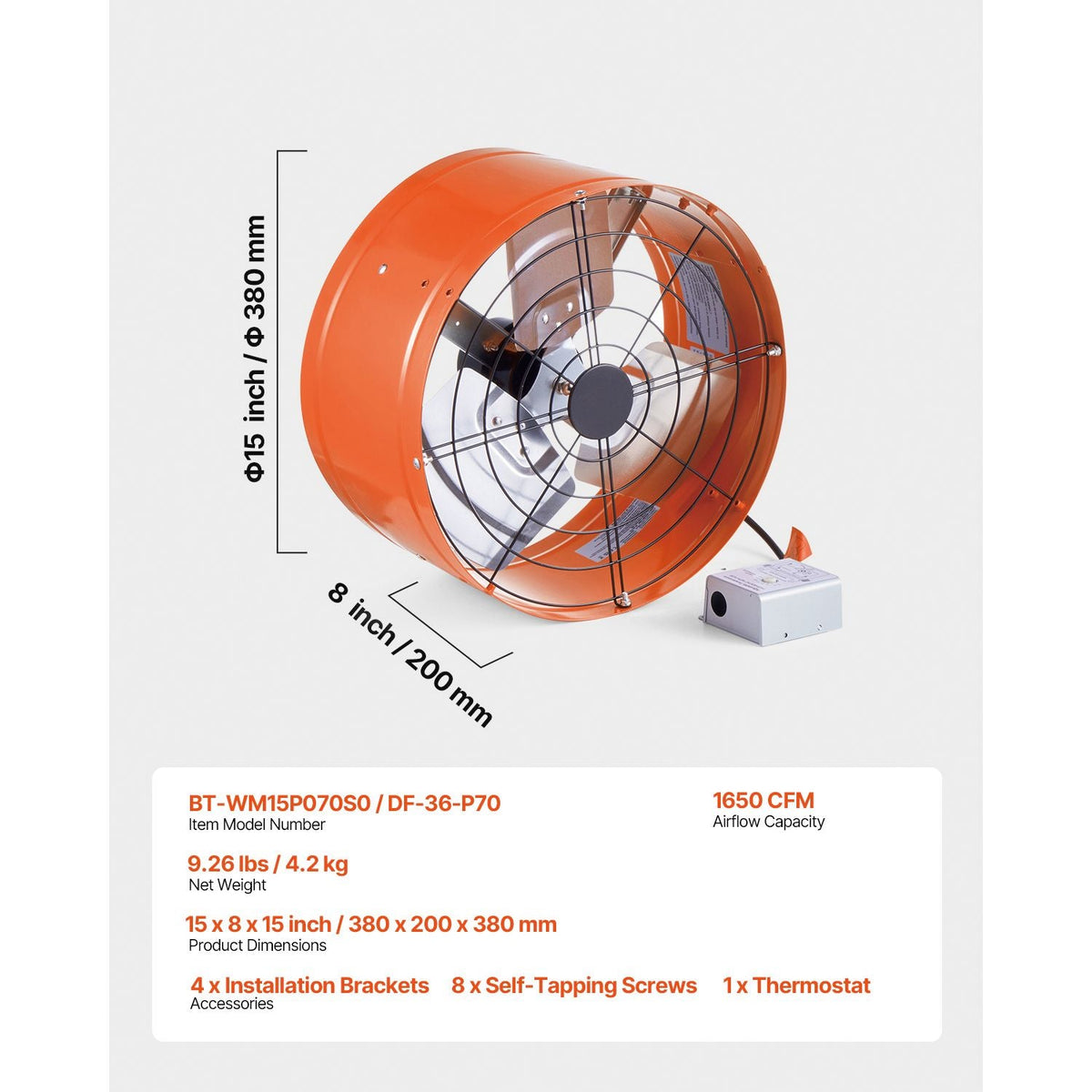 Gable Mount Fan, 15 Inch Attic Exhaust Fan with Adjustable Thermostat & Outer Mesh, 1650 CFM House Ventilator Cools Up to 2360 Sq.Ft, Quiet Ventilation for Roof, Garage & Shop, Vibrant Orange
