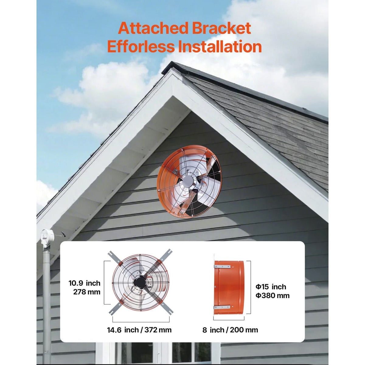 Gable Mount Fan, 15 Inch Attic Exhaust Fan with Adjustable Thermostat & Outer Mesh, 1650 CFM House Ventilator Cools Up to 2360 Sq.Ft, Quiet Ventilation for Roof, Garage & Shop, Vibrant Orange